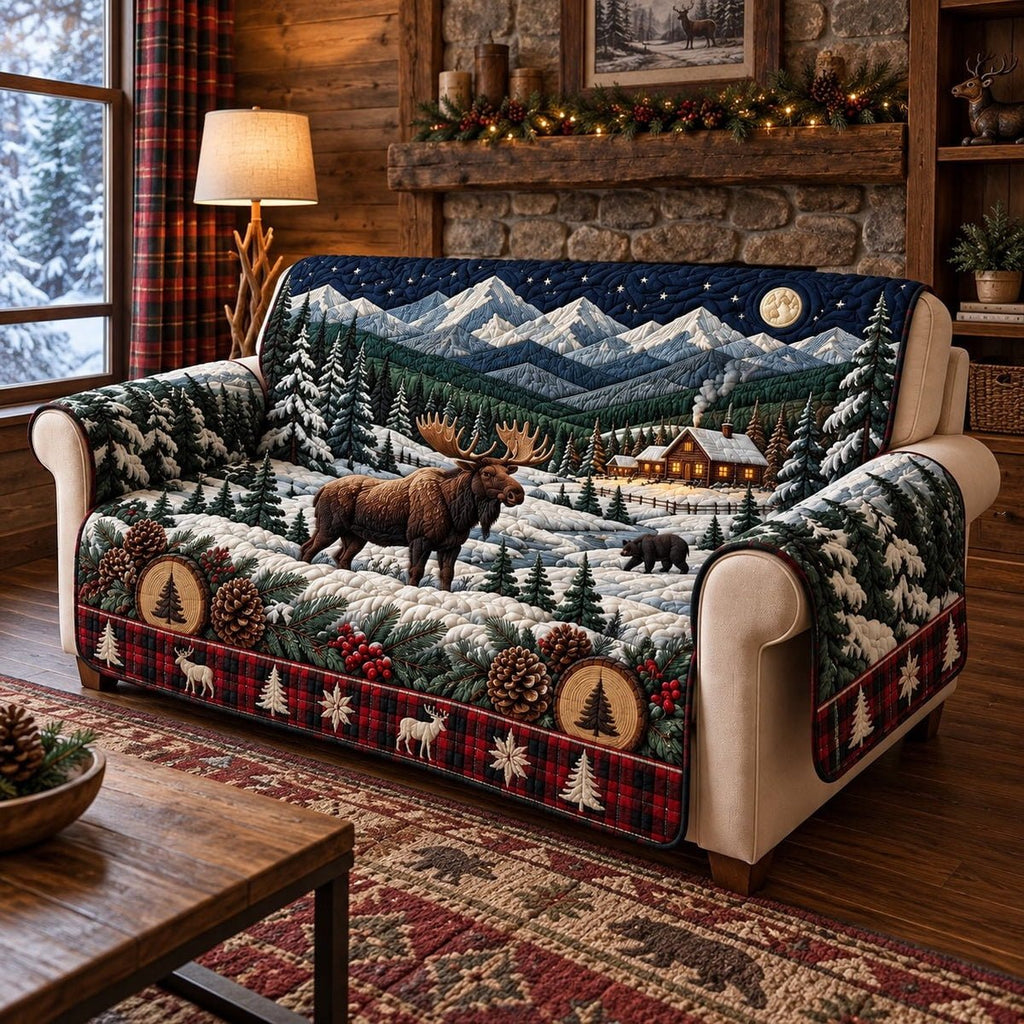 Personalized Woodland Deer Quilted Sofa Cover, Christmas Deer Pattern Sofa Cover, Patchwork Couch Throw, Sofa Protector, Holiday Sofa Decor QUILTSOFA12