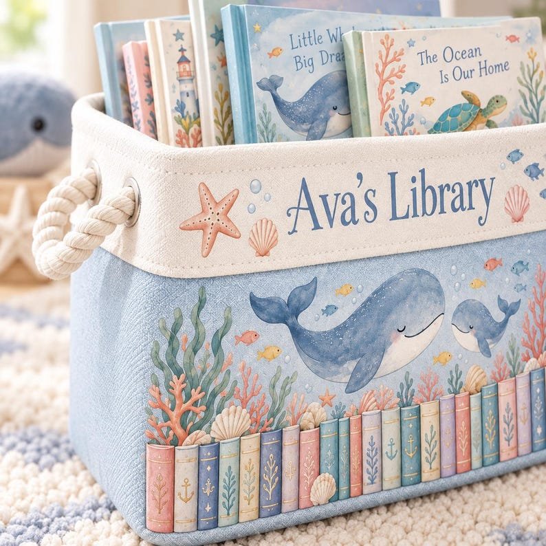 Personalized Ocean Book Basket for Kids, Custom Name Whale Library Storage Bin, Nursery Book Organizer, Under the Sea Reading Nook Decor BBPETAL24