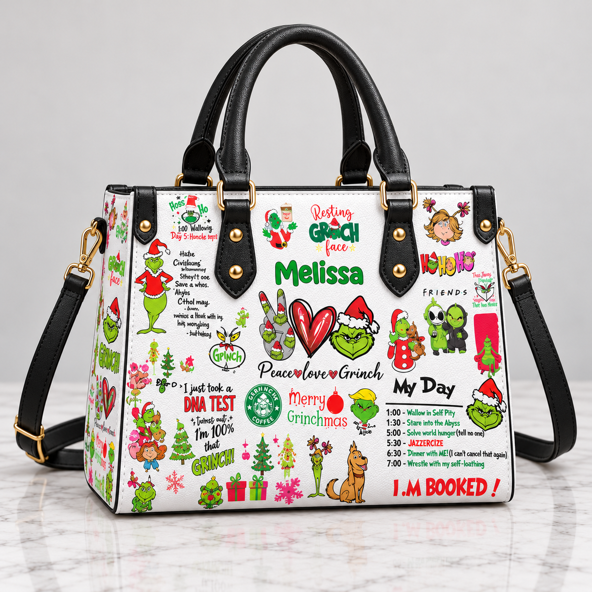 Grinch Pattern Leather Handbag, Grinch Christmas Leather Tote Bag, Grinch Wallet Purse, Grinch Lover Gift, Christmas Bag GBAG15