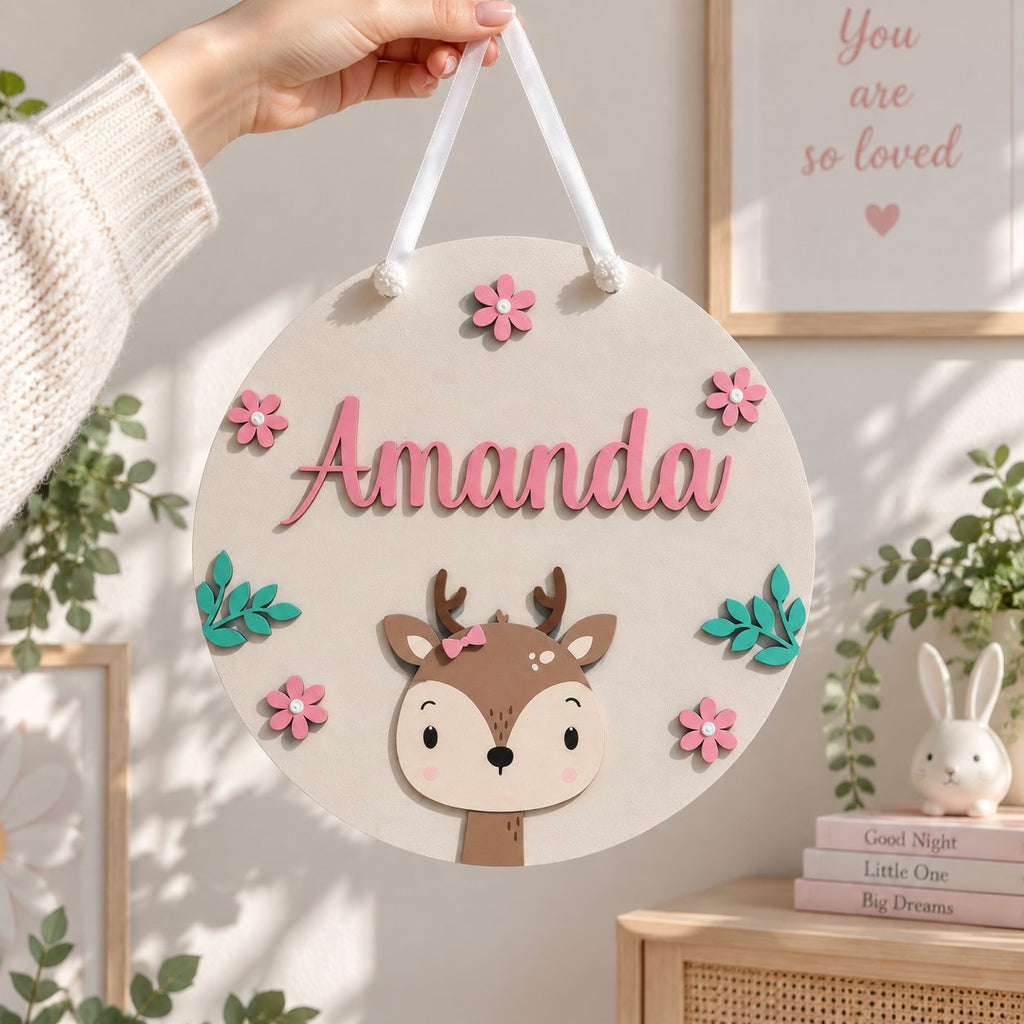 Personalized Deer Wooden Name Sign, Floral Woodland Nursery Door Hanger, Custom Baby Girl Room Decor, Newborn Gift WOODKID11