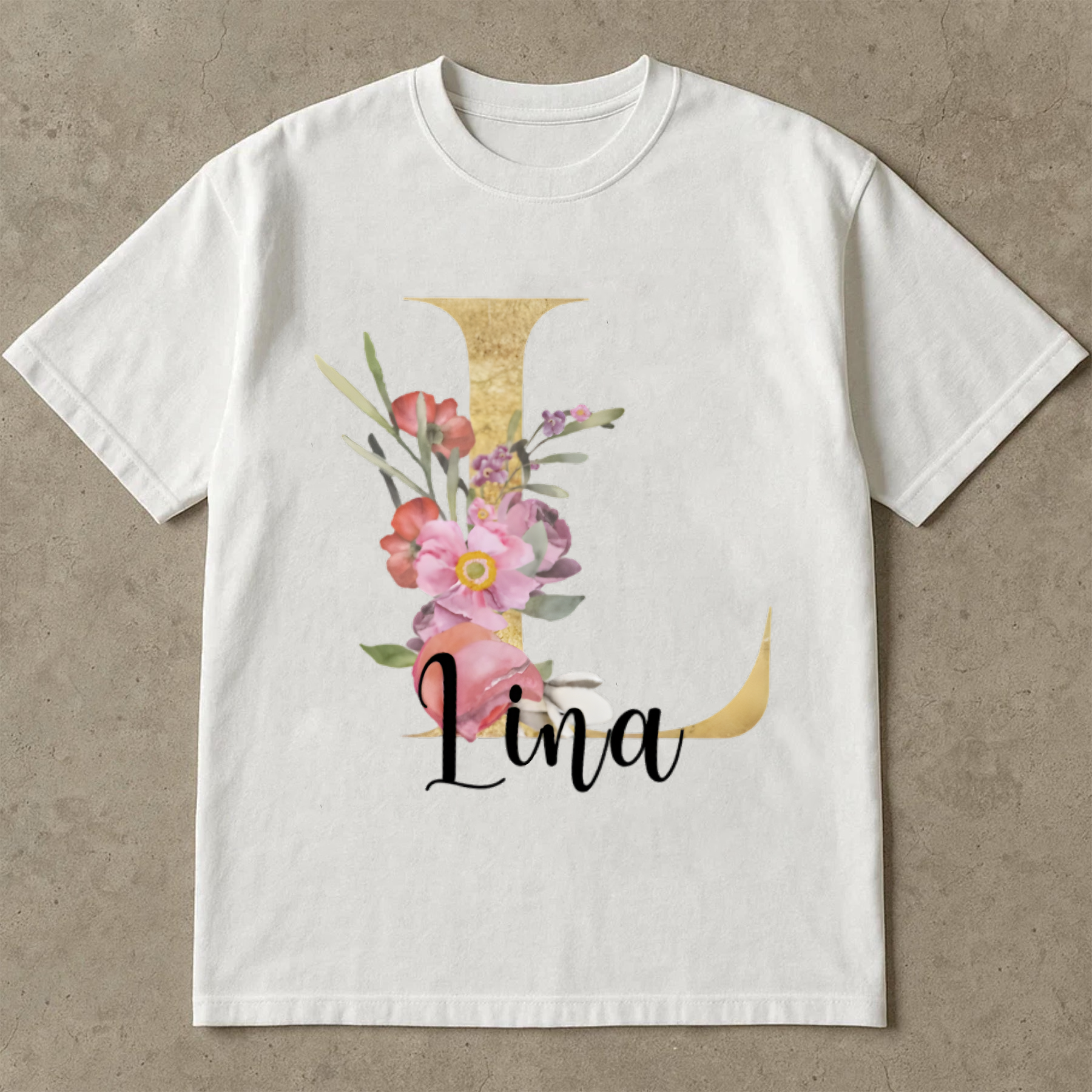 Custom Name Floral Shirt, Personalized Letter Monogram Tee, Gold Initial Name T-Shirt, Custom Gift for Her, Floral Letter Shirt