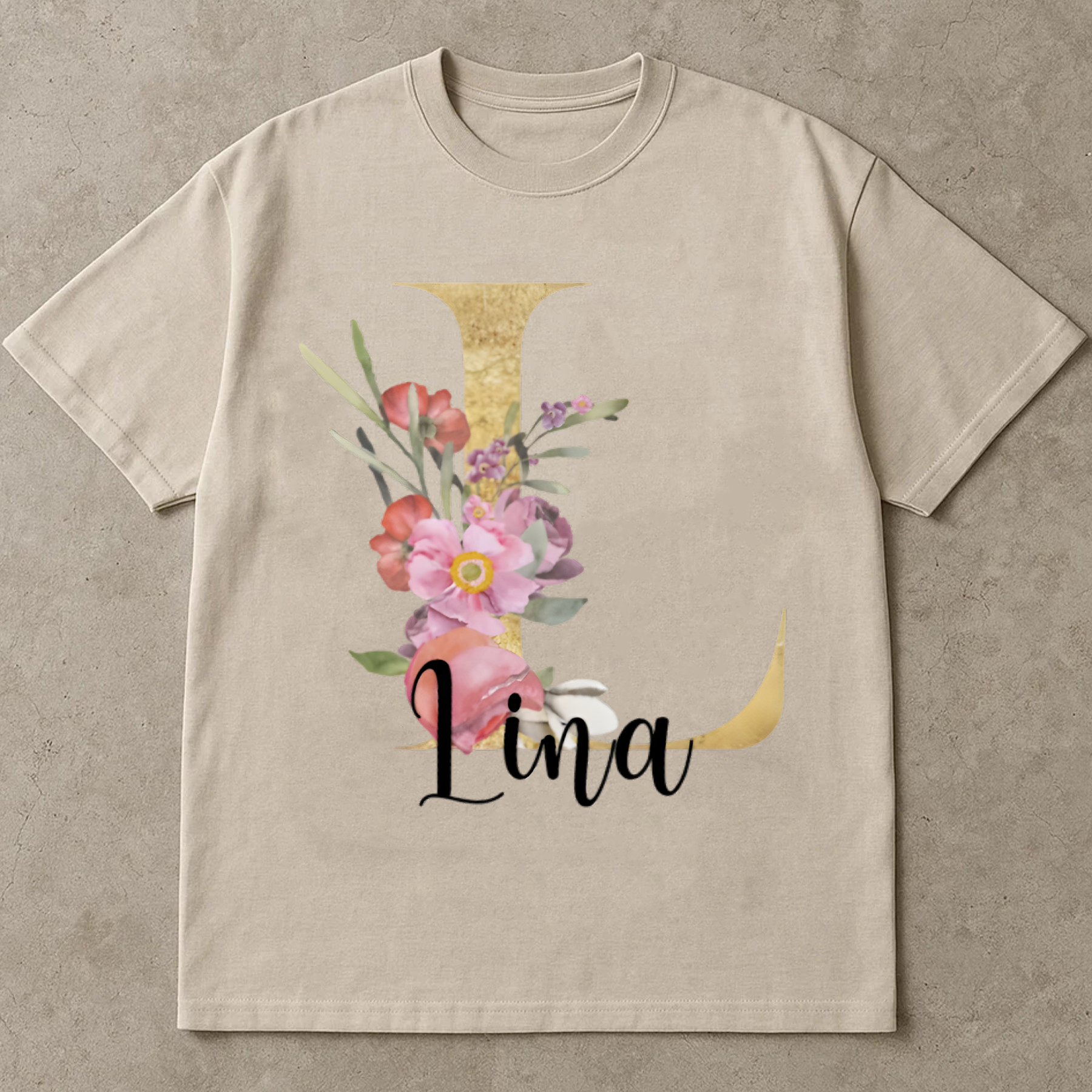 Custom Name Floral Shirt, Personalized Letter Monogram Tee, Gold Initial Name T-Shirt, Custom Gift for Her, Floral Letter Shirt