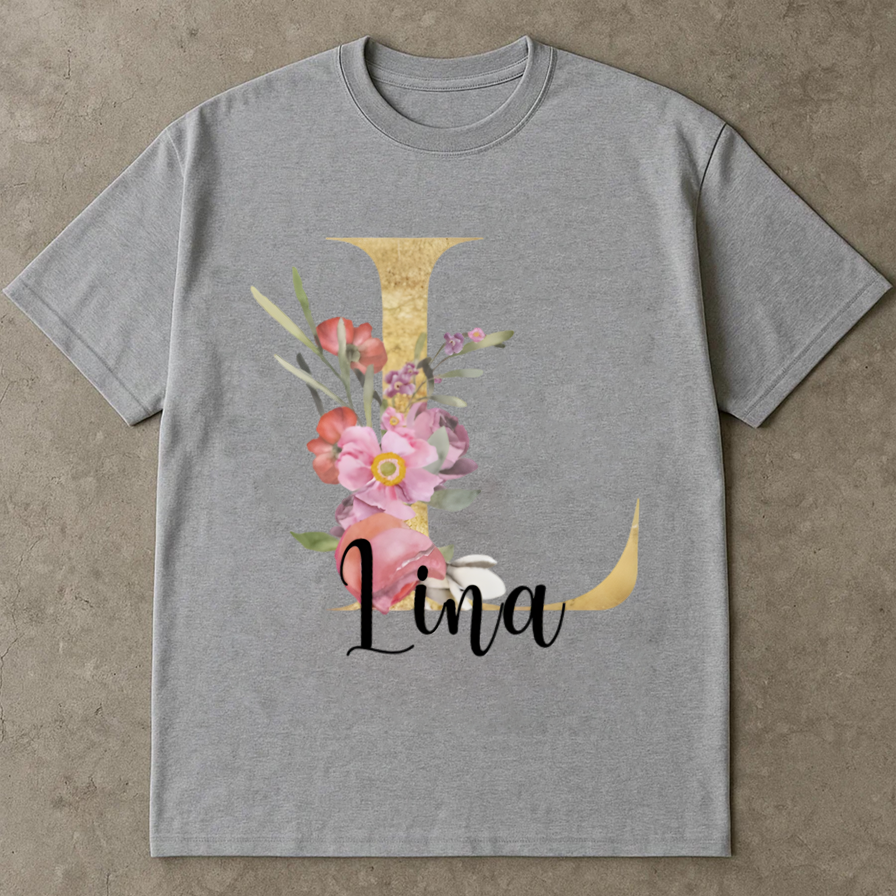 Custom Name Floral Shirt, Personalized Letter Monogram Tee, Gold Initial Name T-Shirt, Custom Gift for Her, Floral Letter Shirt