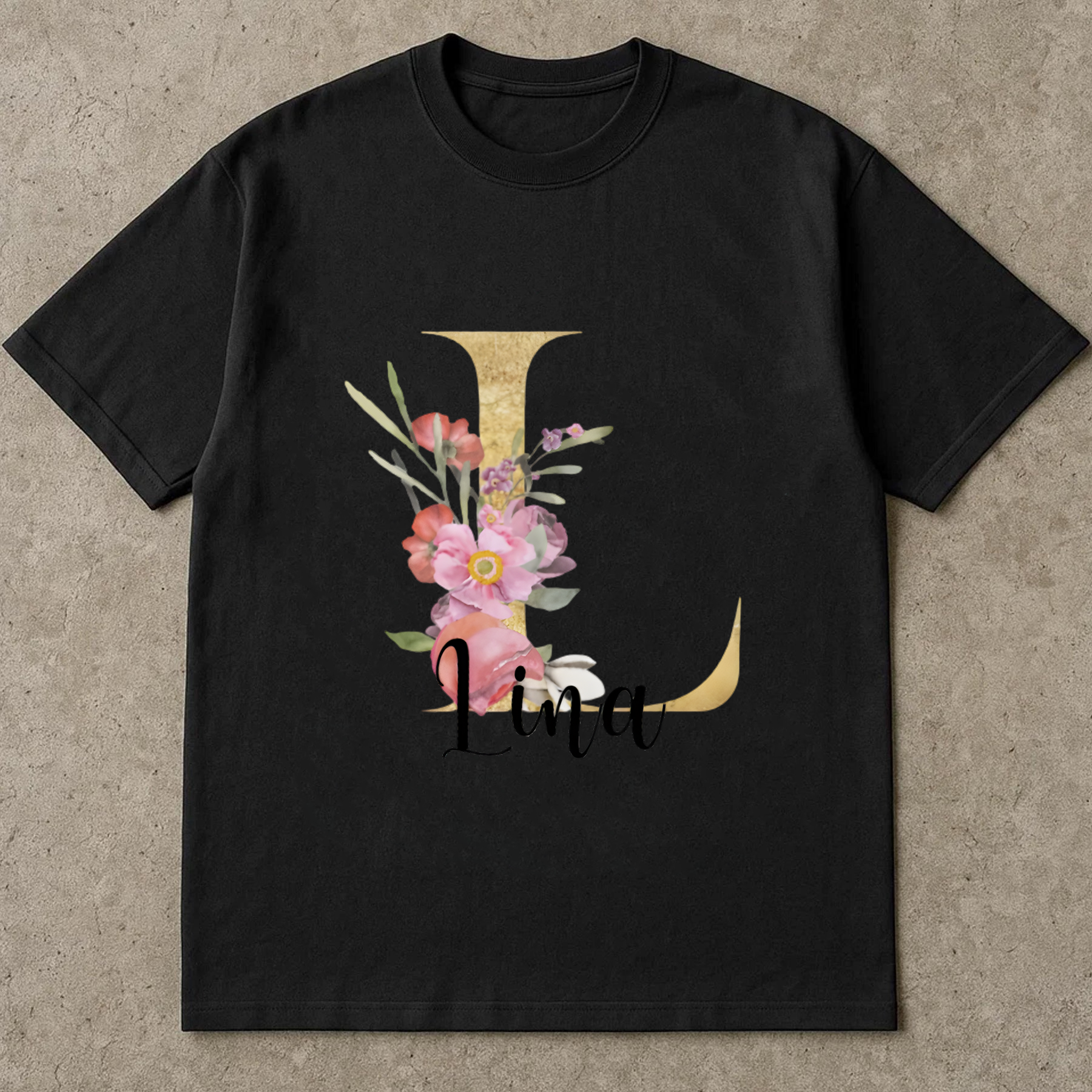 Custom Name Floral Shirt, Personalized Letter Monogram Tee, Gold Initial Name T-Shirt, Custom Gift for Her, Floral Letter Shirt