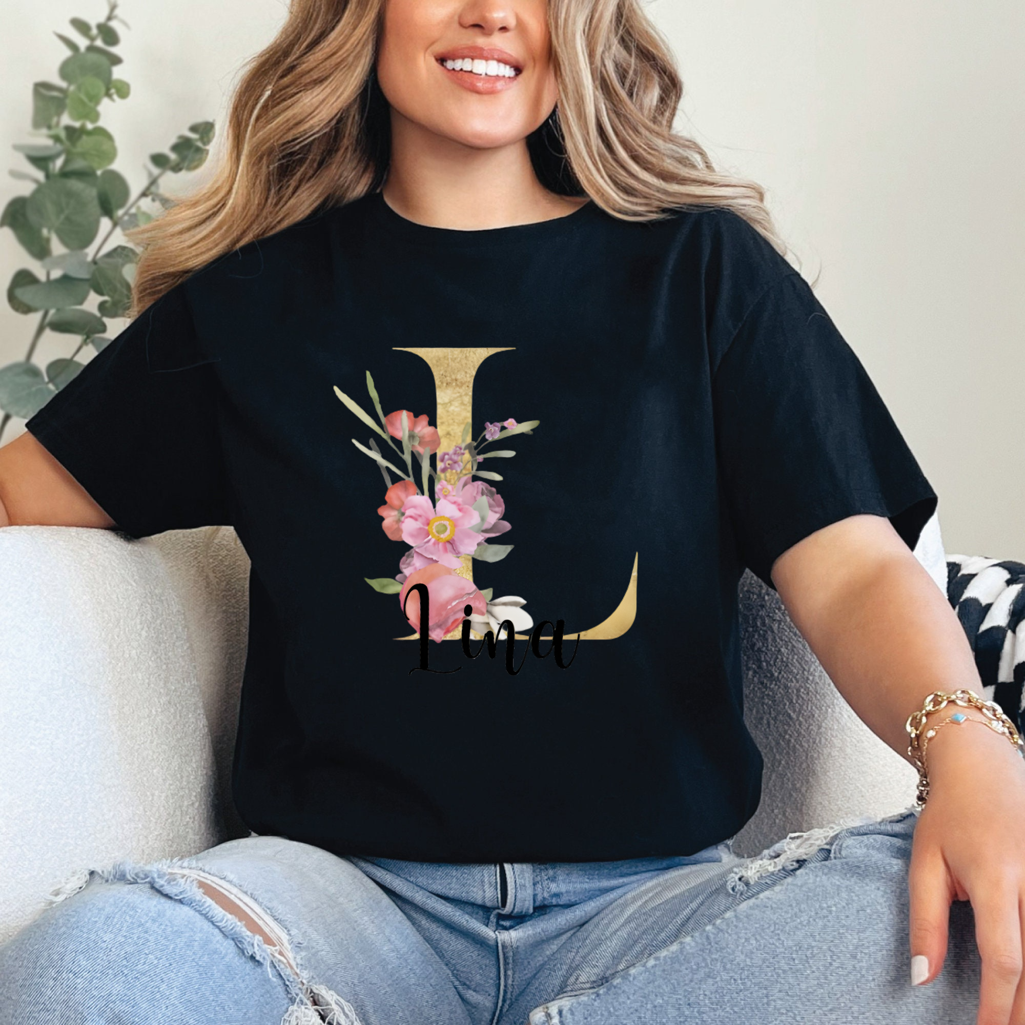 Custom Name Floral Shirt, Personalized Letter Monogram Tee, Gold Initial Name T-Shirt, Custom Gift for Her, Floral Letter Shirt