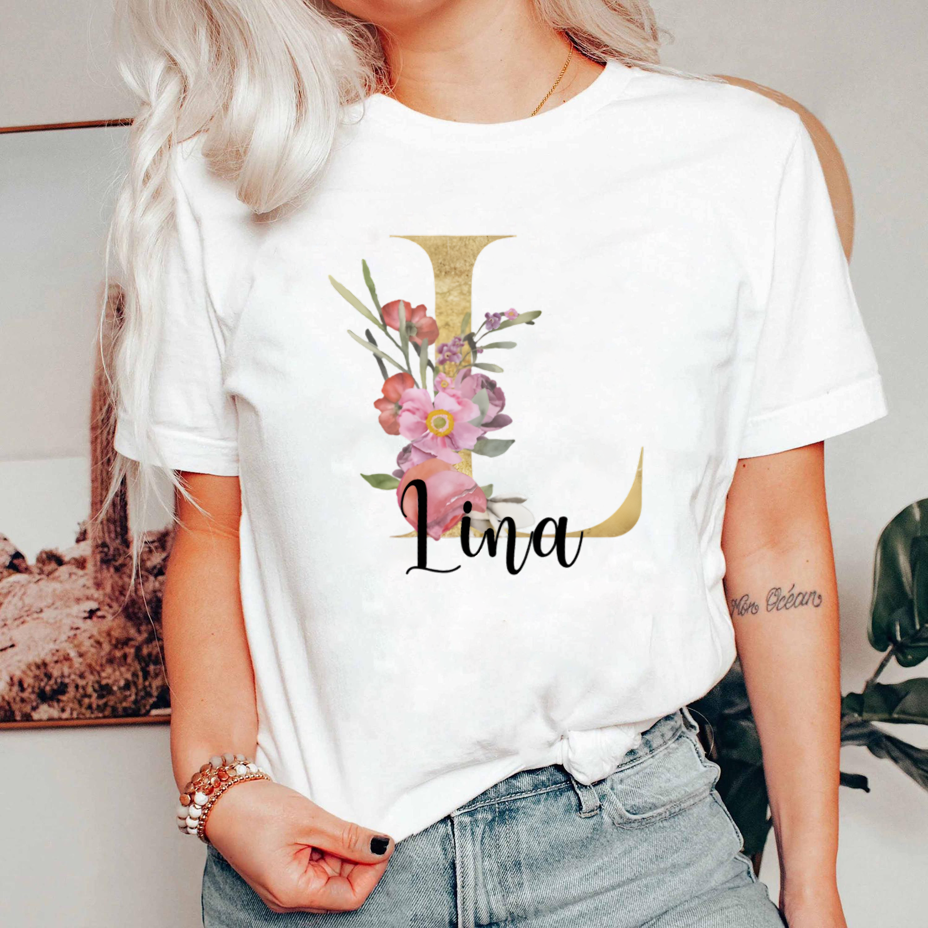 Custom Name Floral Shirt, Personalized Letter Monogram Tee, Gold Initial Name T-Shirt, Custom Gift for Her, Floral Letter Shirt