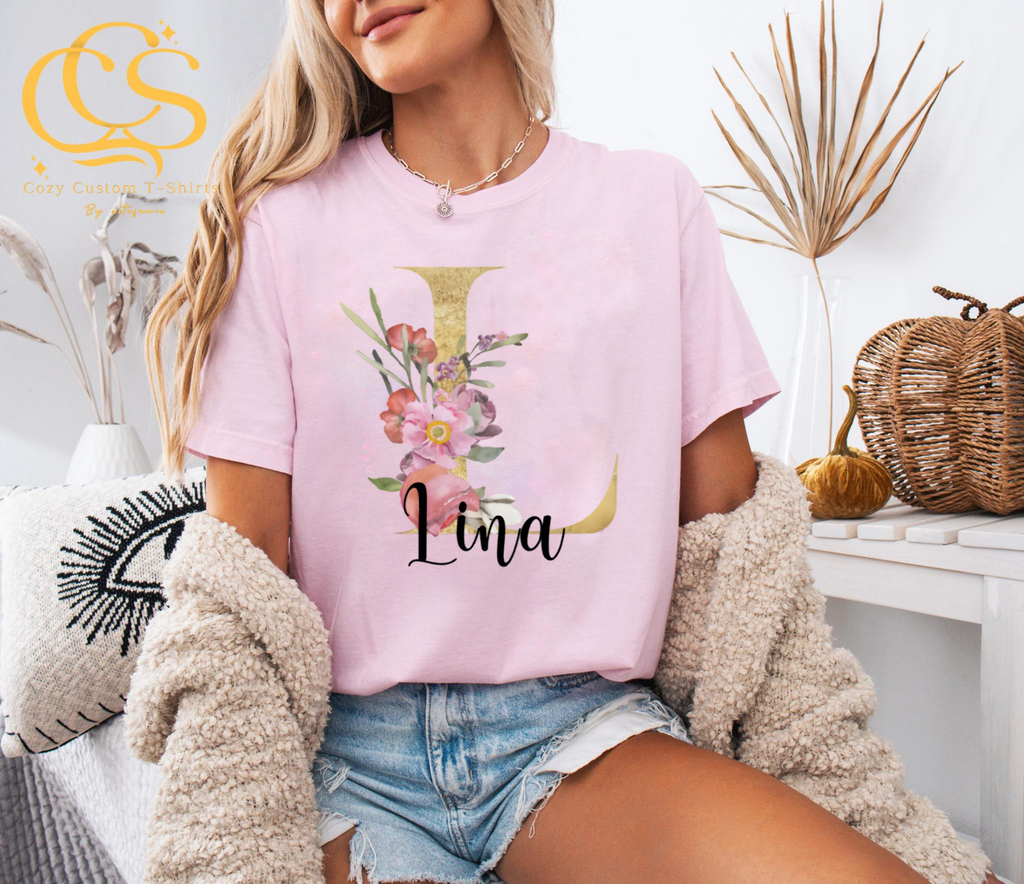 Custom Name Floral Shirt, Personalized Letter Monogram Tee, Gold Initial Name T-Shirt, Custom Gift for Her, Floral Letter Shirt