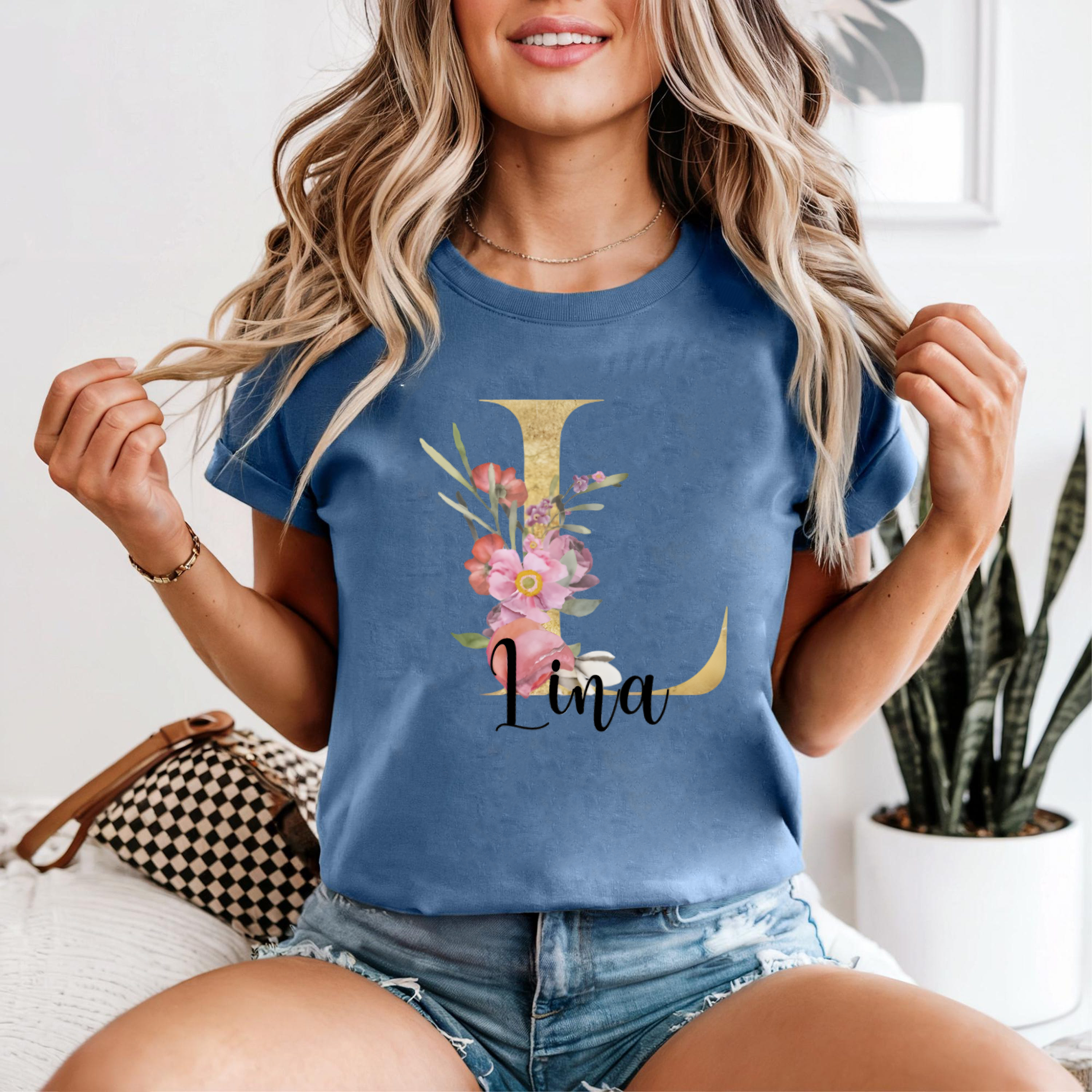 Custom Name Floral Shirt, Personalized Letter Monogram Tee, Gold Initial Name T-Shirt, Custom Gift for Her, Floral Letter Shirt