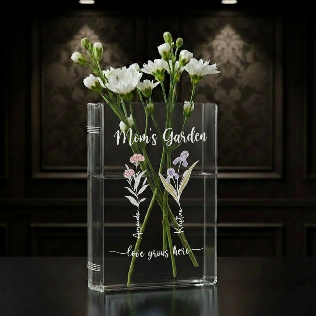 Personalized Family Garden Birth Month Flower Book Vase – Custom Ceramic Keepsake for Mom or Grandma, Perfect Mother's Day Gift