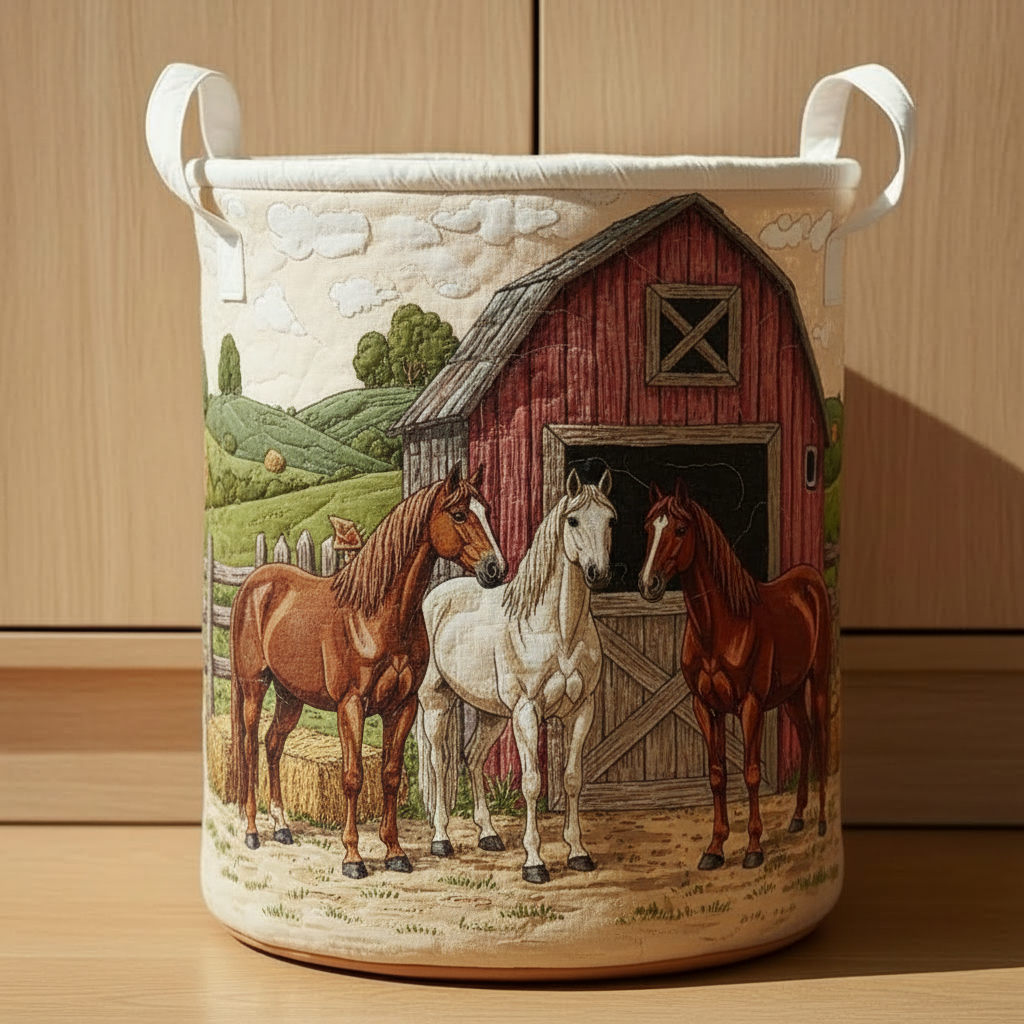 Horse Farm Quilted Laundry Basket – Rustic Barn Horses Storage Bin, Farmhouse Fabric Hamper, Decorative Organizer for Bedroom & Nursery