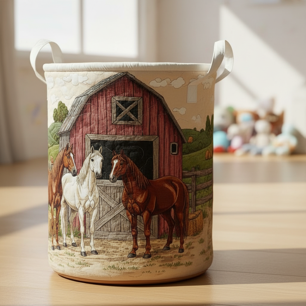 Horse Farm Quilted Laundry Basket – Rustic Barn Horses Storage Bin, Farmhouse Fabric Hamper, Decorative Organizer for Bedroom & Nursery