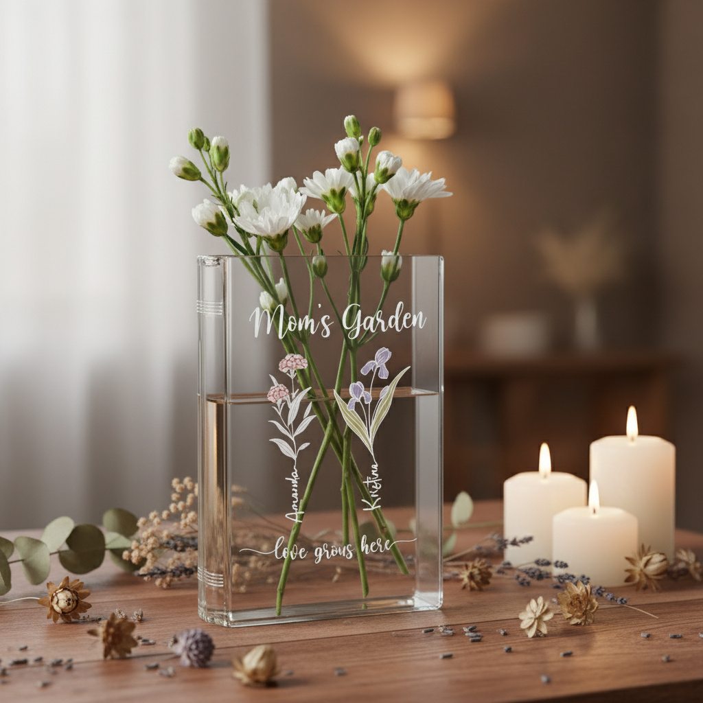 Personalized Family Garden Birth Month Flower Book Vase – Custom Ceramic Keepsake for Mom or Grandma, Perfect Mother's Day Gift