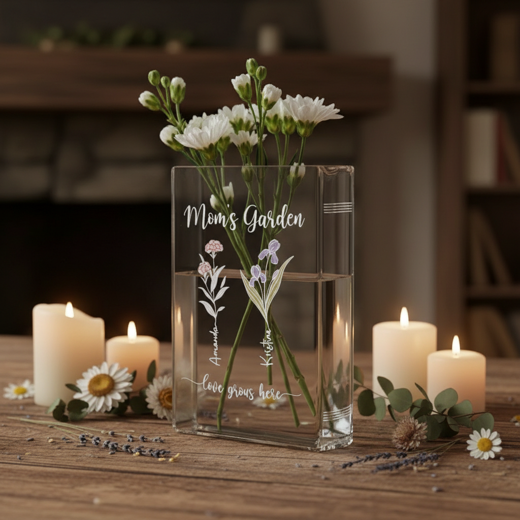 Personalized Family Garden Birth Month Flower Book Vase – Custom Ceramic Keepsake for Mom or Grandma, Perfect Mother's Day Gift