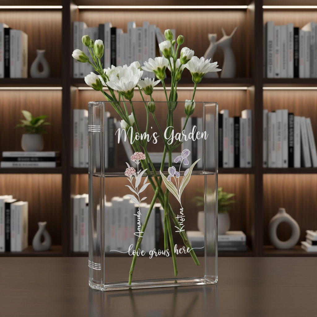 Personalized Family Garden Birth Month Flower Book Vase – Custom Ceramic Keepsake for Mom or Grandma, Perfect Mother's Day Gift