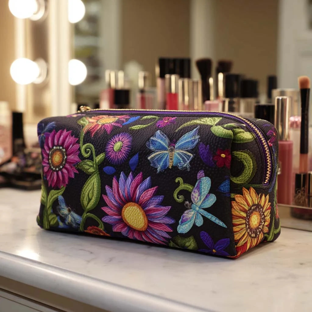 Quilted Butterfly Garden Makeup Bag, Floral Butterfly Cosmetic Pouch, Travel Toiletry Organizer – QMBPETAL16