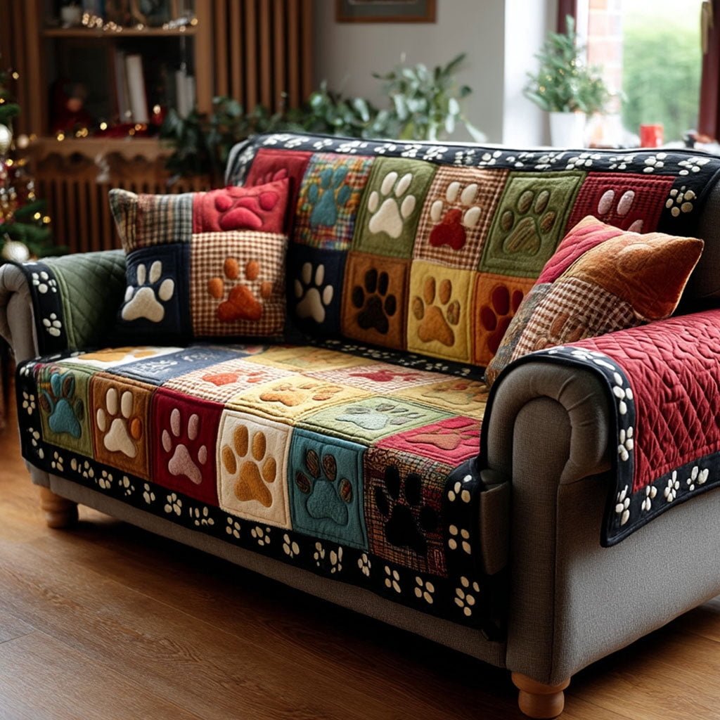 Personalized Vintage Pet Paw Quilted Sofa Cover, Paws Sofa Cover, Patchwork Couch Throw, Sofa Protector, Holiday Sofa Decor QUILTSOFA13