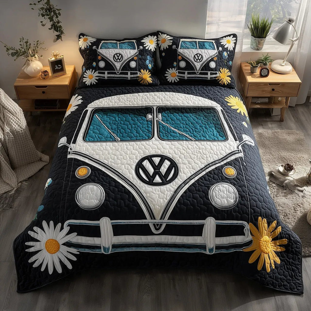 Hippie Van Quilted Bedding Set, Hippie Van Bedspread with Pillowcases, Festive Winter Bedroom Decor, Bedding Decor PTBED48