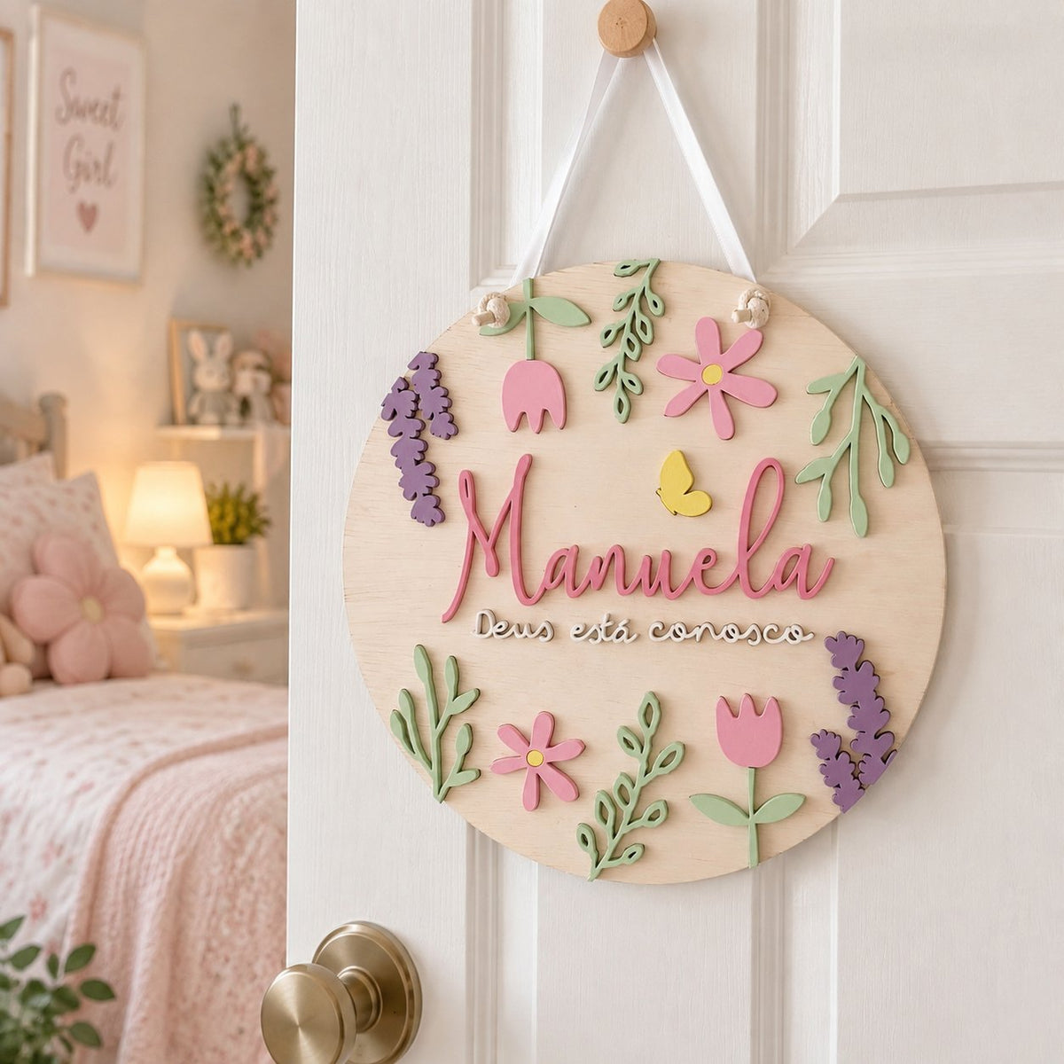 Personalized Floral Wooden Name Sign, Custom Girl Nursery Door Hanger, Botanical Kids Room Decor, Baby Girl Gift WOODKID12