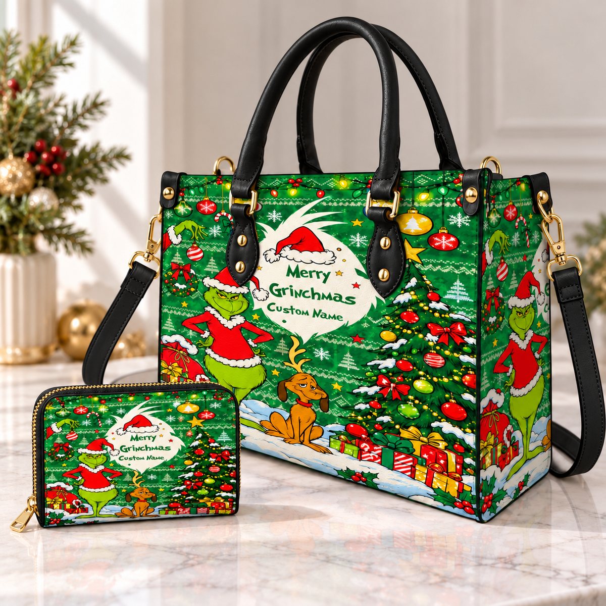 Merry Grinchmas Leather Handbag, Grinch Christmas Leather Tote Bag, Grinch Wallet Purse, Grinch Lover Gift, Christmas Bag GBAG16