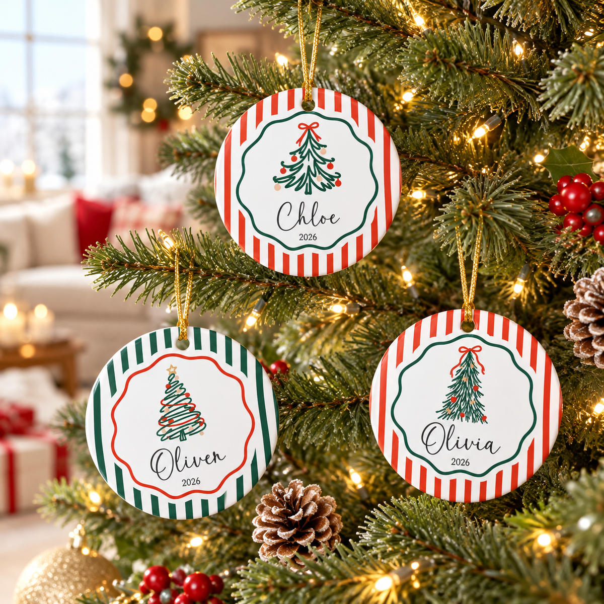 Personalized Christmas Tree Ornament 2026, Custom Name Ornament, Striped Ceramic Keepsake, Kids Christmas Gift, Family Ornament with Name CERAMIC14