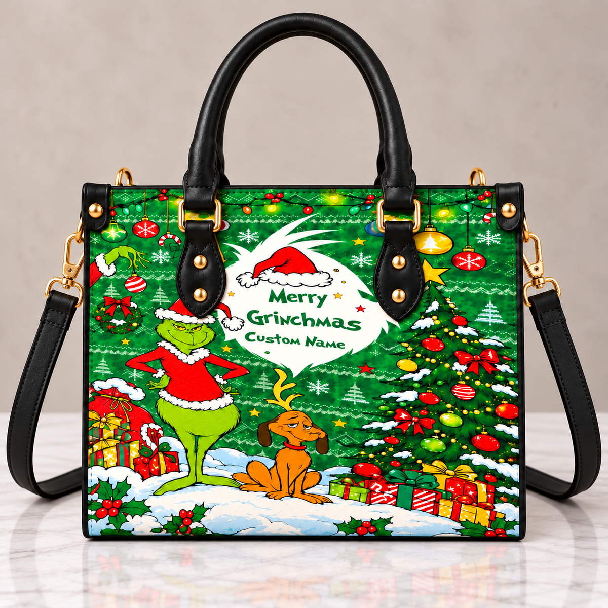 Merry Grinchmas Leather Handbag, Grinch Christmas Leather Tote Bag, Grinch Wallet Purse, Grinch Lover Gift, Christmas Bag GBAG16