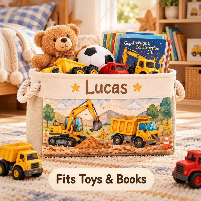 Personalized Construction Storage Basket, Custom Name Kids Toy Bin, Excavator Truck Book Organizer, Boys Room Decor, Birthday Gift BBPETAL25