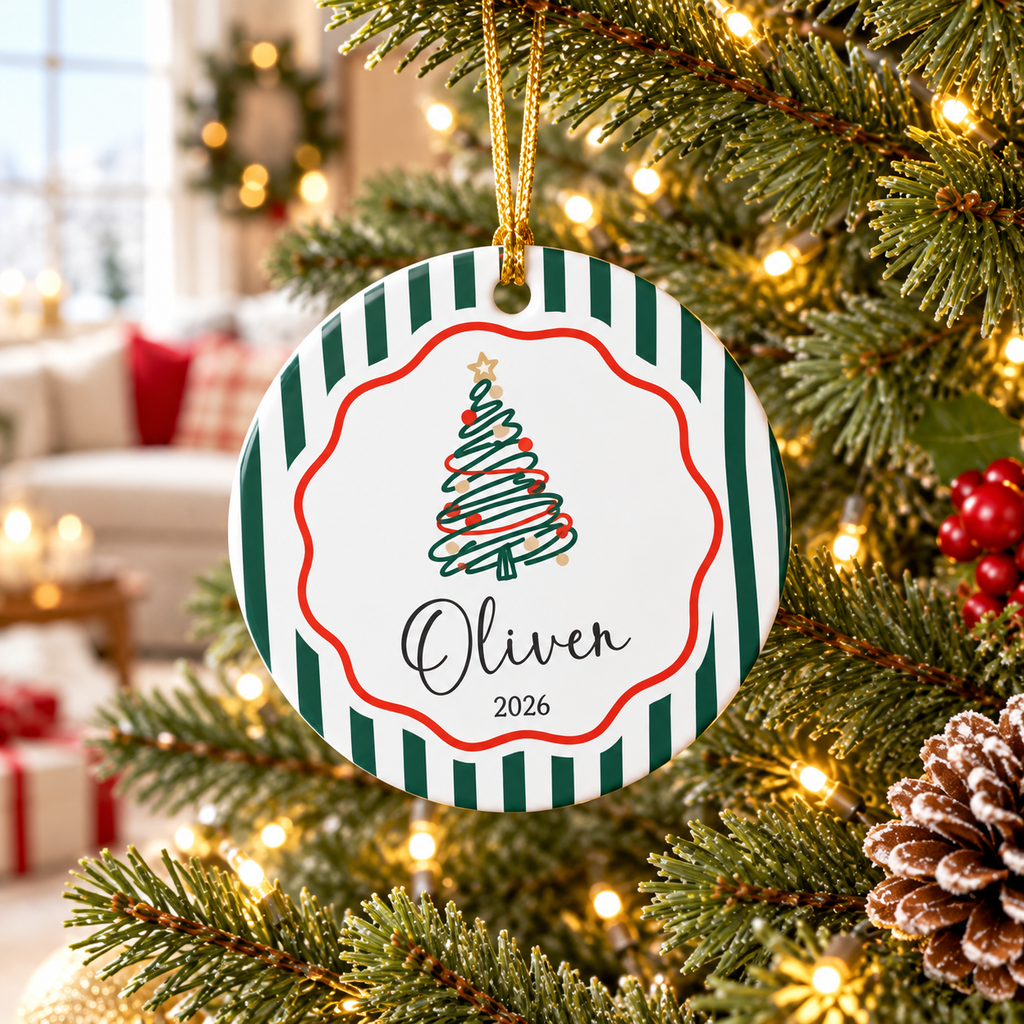 Personalized Christmas Tree Ornament 2026, Custom Name Ornament, Striped Ceramic Keepsake, Kids Christmas Gift, Family Ornament with Name CERAMIC14