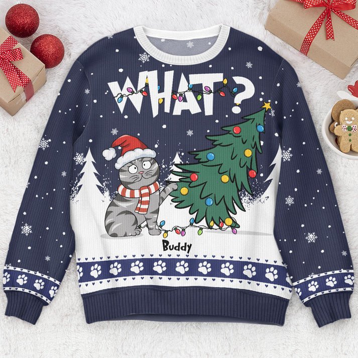 Personalized Cat What - Christmas Tree Ugly Christmas Sweater, Funny Cat Shirt, Unisex Kid Adult Sweater, Christmas Party Shirt, Holiday Sweatshirts, Xmas Outfit, Christmas Gift UXMAS16