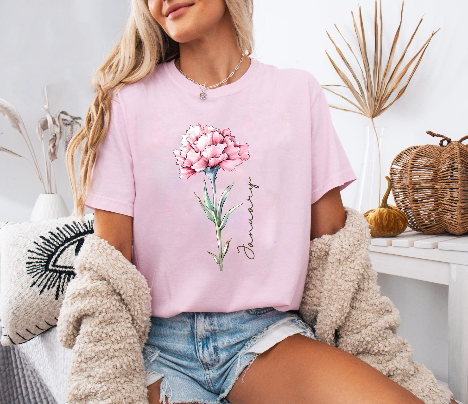 January Birth Flower Shirt, Carnation Floral Tee, Birth Month Shirt Gift, Vintage Flower Shirt, Birthday Gift for Her