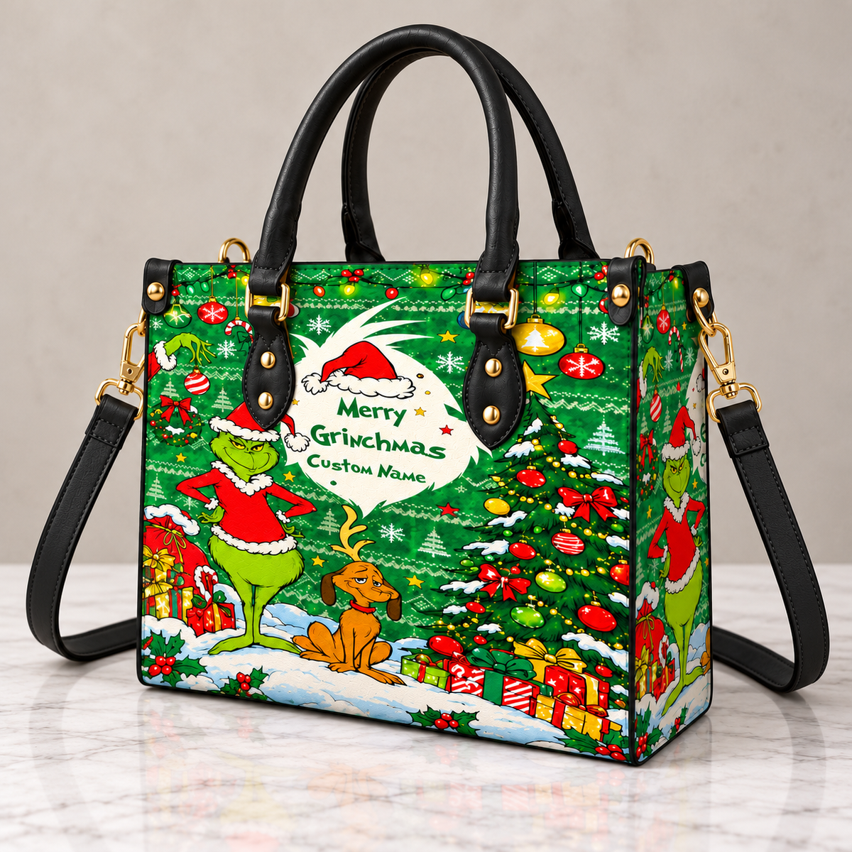 Merry Grinchmas Leather Handbag, Grinch Christmas Leather Tote Bag, Grinch Wallet Purse, Grinch Lover Gift, Christmas Bag GBAG16