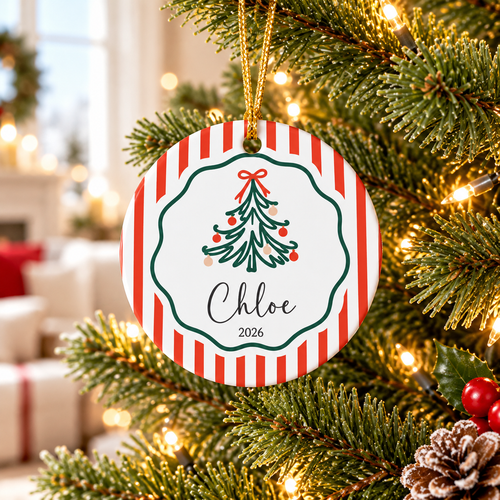 Personalized Christmas Tree Ornament 2026, Custom Name Ornament, Striped Ceramic Keepsake, Kids Christmas Gift, Family Ornament with Name CERAMIC14