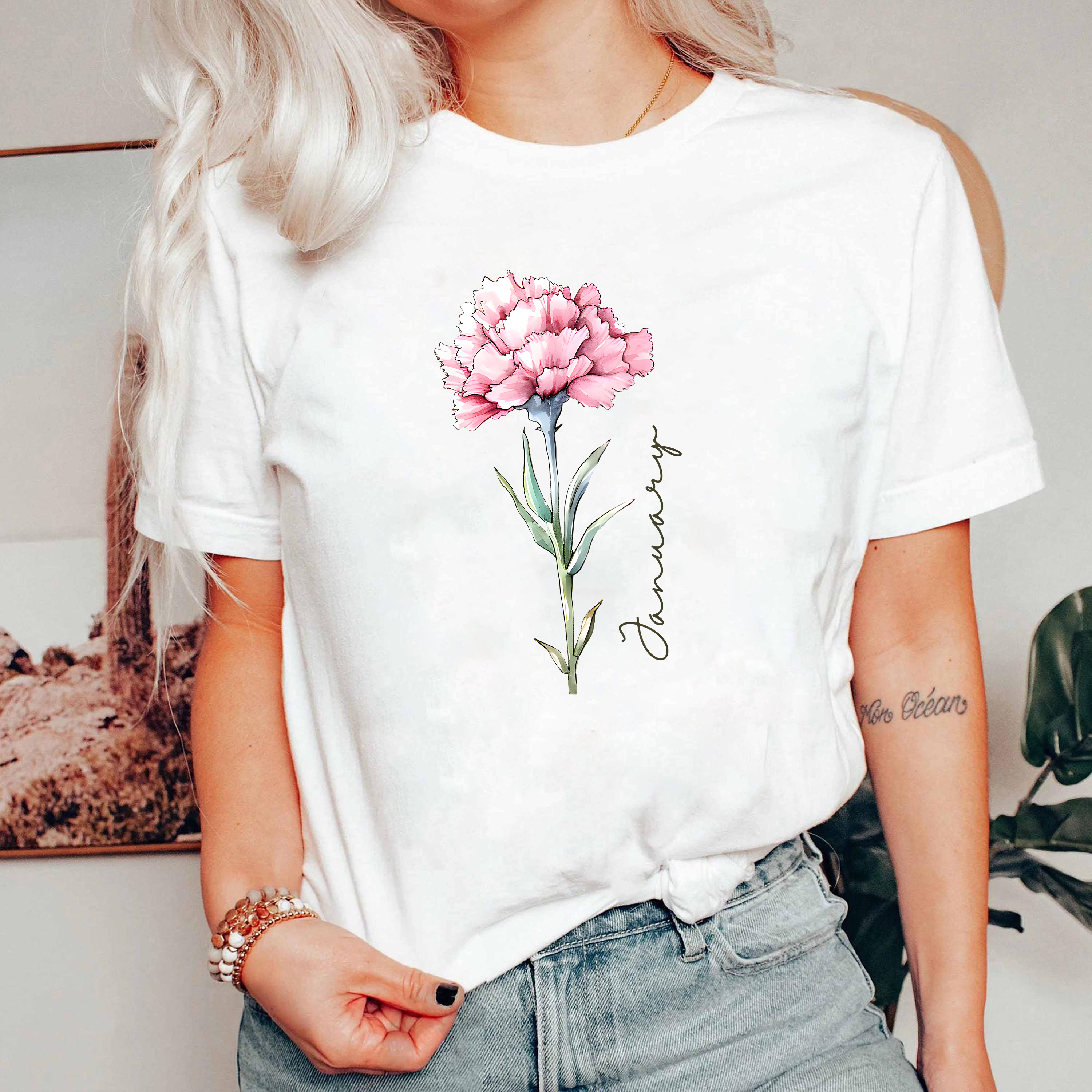 January Birth Flower Shirt, Carnation Floral Tee, Birth Month Shirt Gift, Vintage Flower Shirt, Birthday Gift for Her