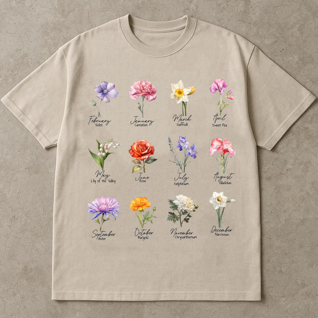 Birth Month Flower Shirt, Personalized Birthday Flower Tee, Monthly Floral Shirt Gift, Botanical Flower T-Shirt, Custom Birthday Gift