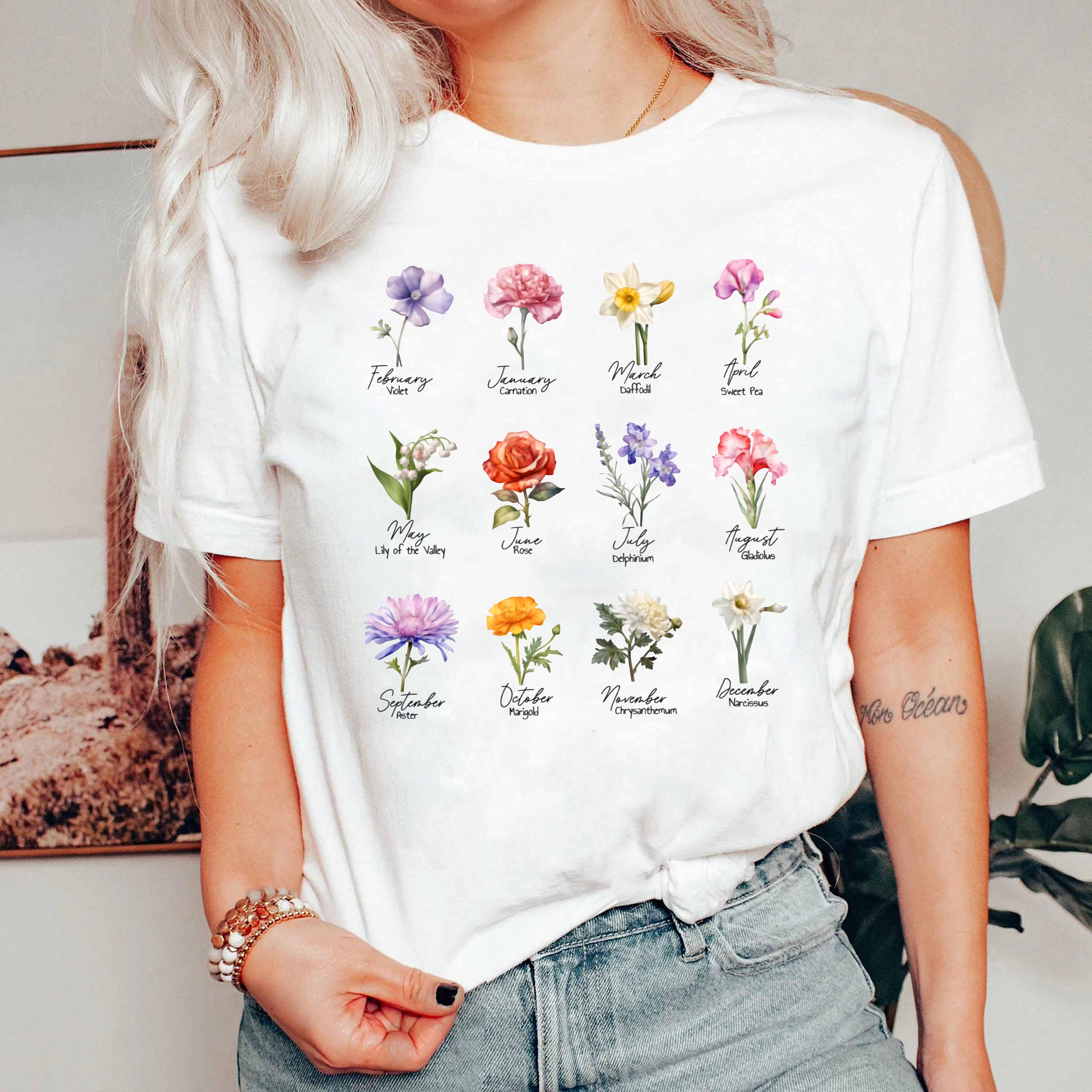 Birth Month Flower Shirt, Personalized Birthday Flower Tee, Monthly Floral Shirt Gift, Botanical Flower T-Shirt, Custom Birthday Gift