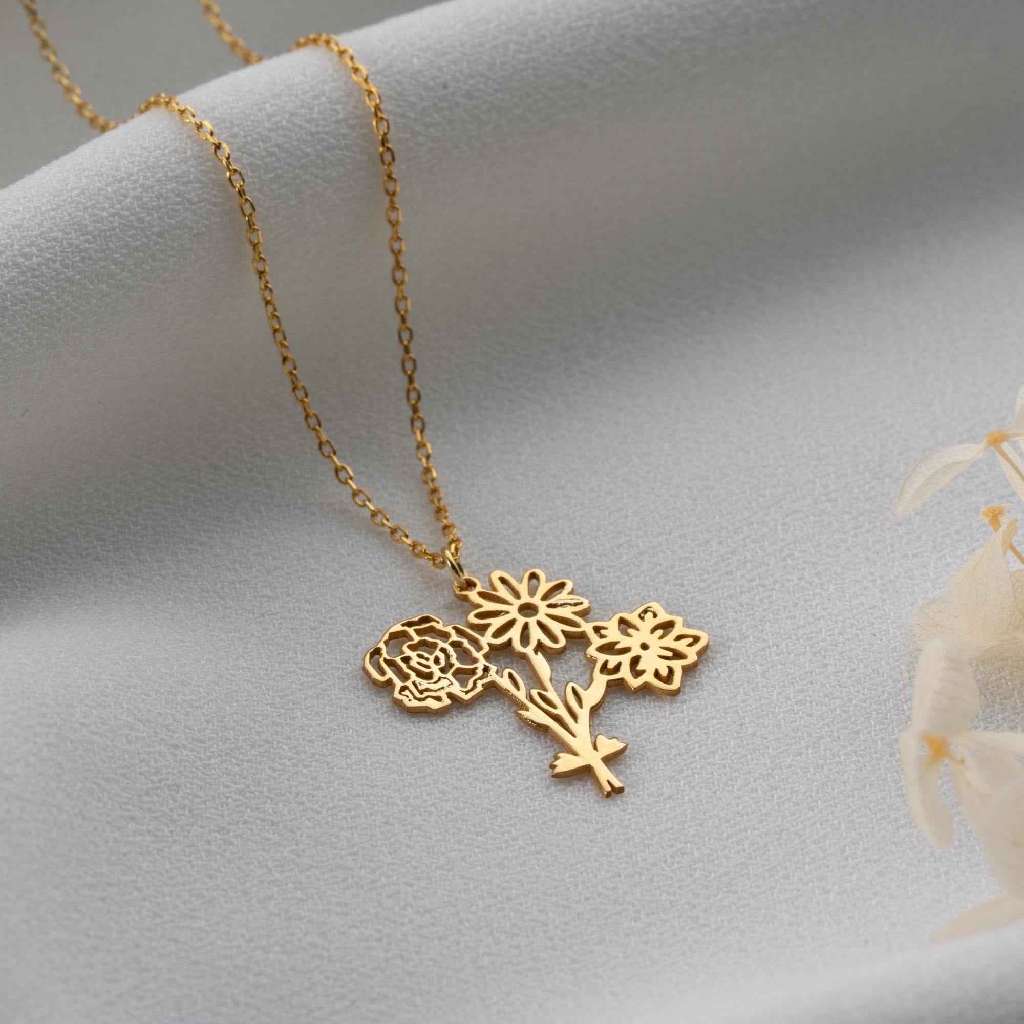 Personalized Bouquet Pendant, Multiple Birth Month Flowers, Custom Family Birth Flower Necklace, Dainty Gold Floral Jewelry, Gift for Her