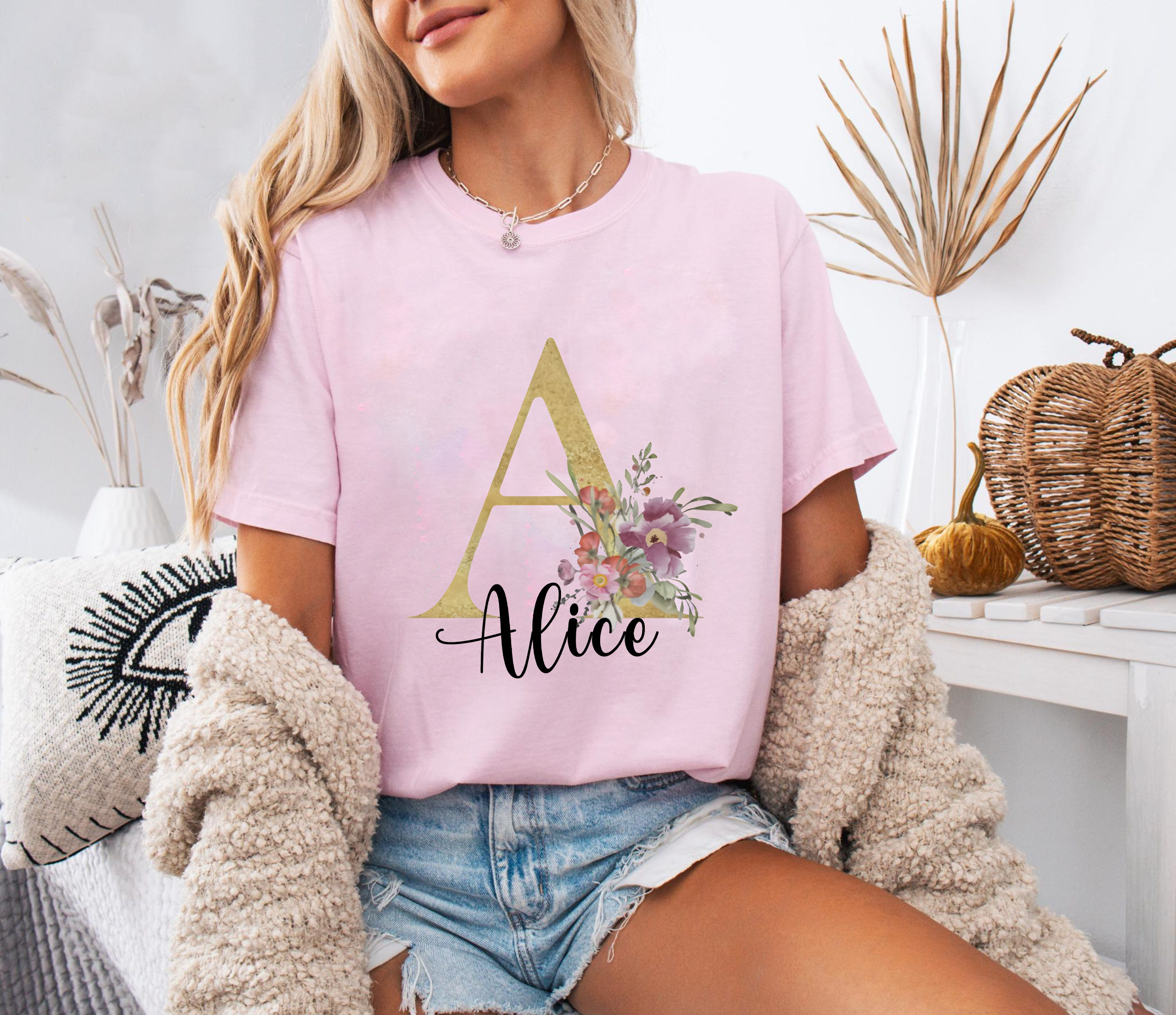 Custom Name Letter Shirt, Floral Monogram T-Shirt, Personalized Initial Shirt Gift, Custom Name Tee for Her, Aesthetic Flower Shirt
