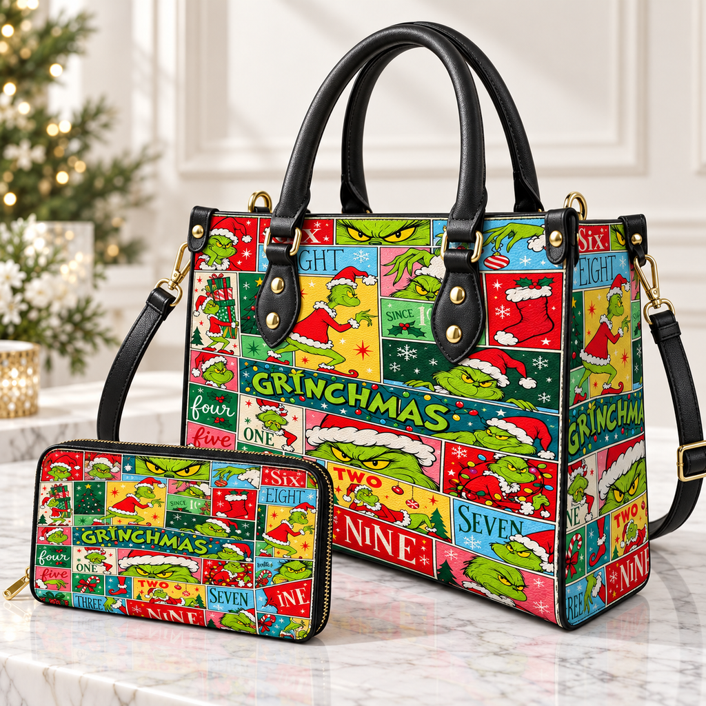 Merry Grinchmas Leather Handbag, Grinch Christmas Pattern Leather Tote Bag, Grinch Wallet Purse, Grinch Lover Gift, Christmas Bag GBAG17