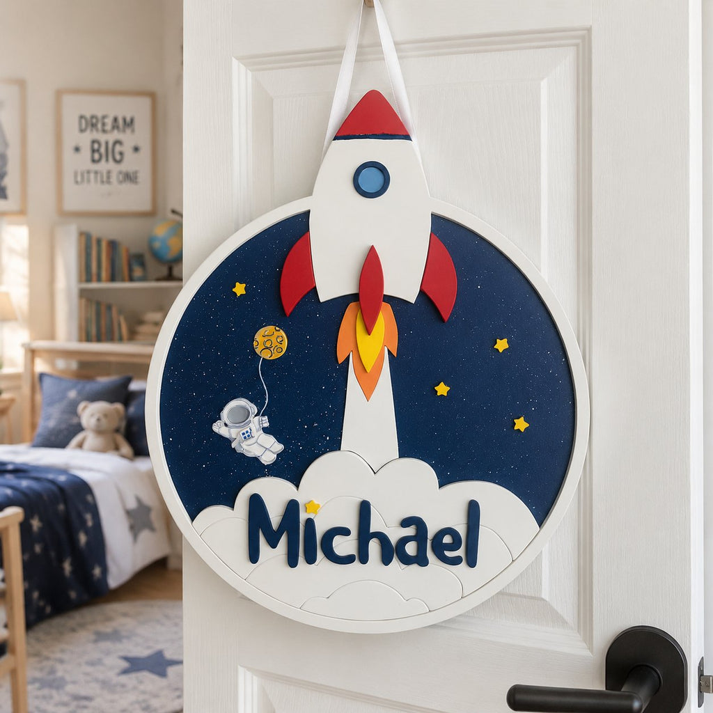 Personalized Rocket Wooden Sign, Custom Boy Name Door Hanger, Space Nursery Decor, Astronaut Kids Room Wall Sign WOODKID13