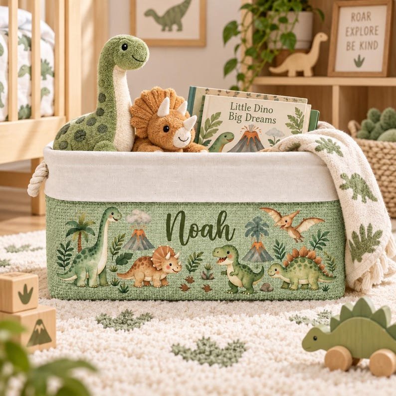 Personalized Dinosaur Storage Basket, Custom Name Kids Book Bin, Nursery Toy Organizer, Dino Room Decor, Birthday Gift for Boys BBPETAL26