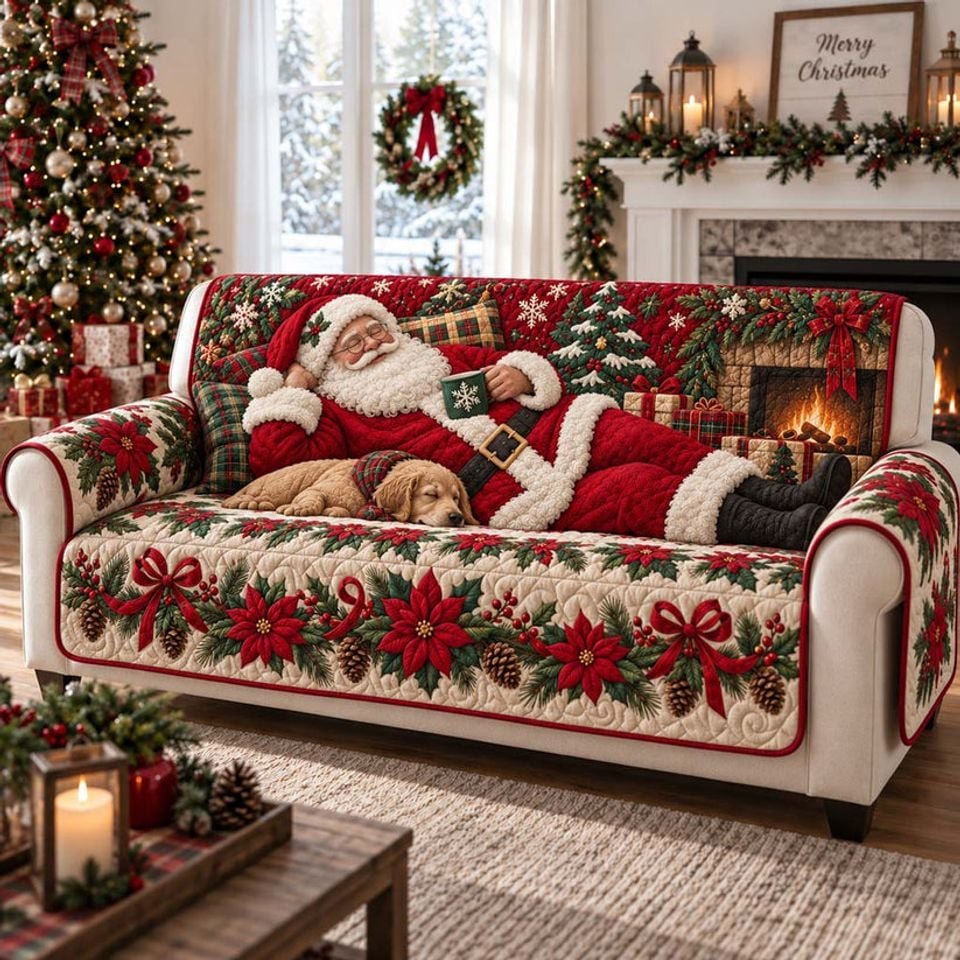 Personalized Santa Claus Christmas Quilted Sofa Cover, Christmas Sofa Cover, Patchwork Couch Throw, Sofa Protector, Holiday Sofa Decor QUILTSOFA14