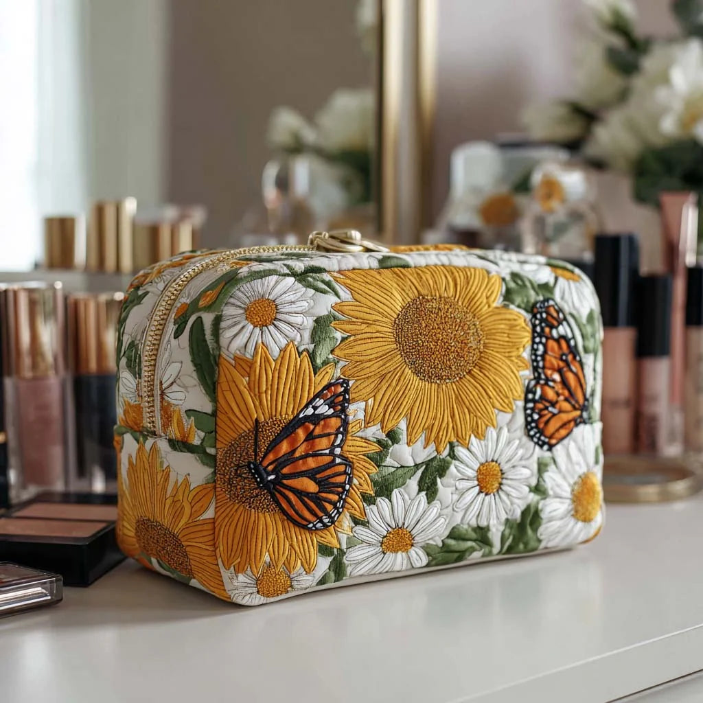 Quilted Sunflower & Daisy Makeup Bag, Butterfly Floral Cosmetic Pouch, Travel Toiletry Organizer – QMBPETAL17