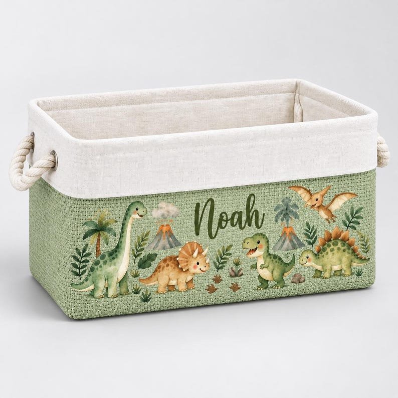 Personalized Dinosaur Storage Basket, Custom Name Kids Book Bin, Nursery Toy Organizer, Dino Room Decor, Birthday Gift for Boys BBPETAL26
