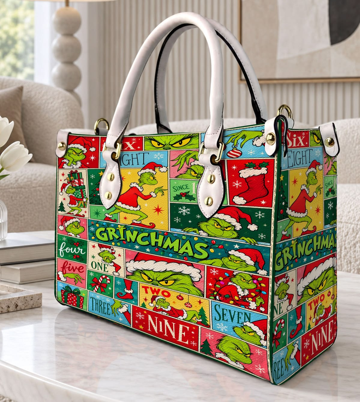 Merry Grinchmas Leather Handbag, Grinch Christmas Pattern Leather Tote Bag, Grinch Wallet Purse, Grinch Lover Gift, Christmas Bag GBAG17