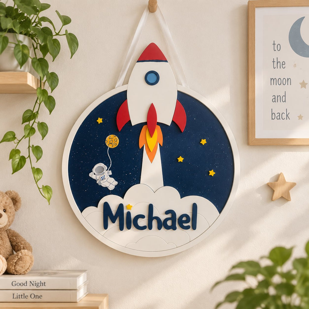 Personalized Rocket Wooden Sign, Custom Boy Name Door Hanger, Space Nursery Decor, Astronaut Kids Room Wall Sign WOODKID13