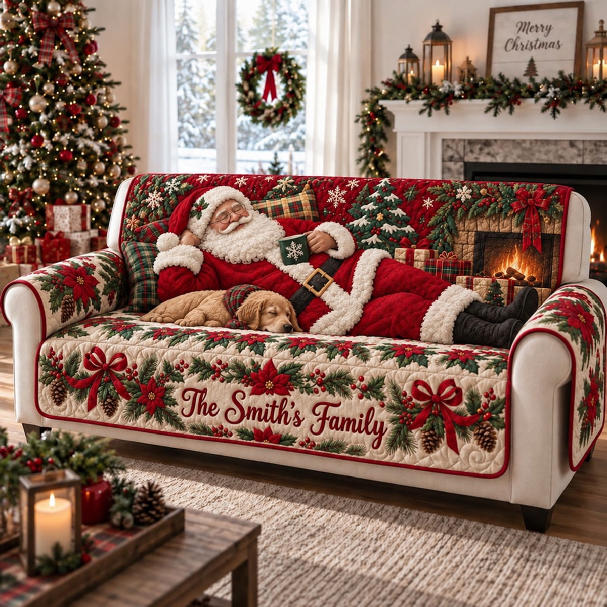 Personalized Santa Claus Christmas Quilted Sofa Cover, Christmas Sofa Cover, Patchwork Couch Throw, Sofa Protector, Holiday Sofa Decor QUILTSOFA14