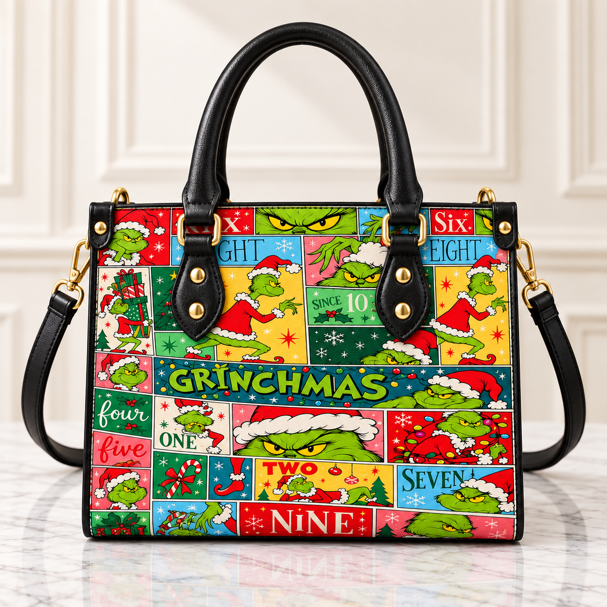 Merry Grinchmas Leather Handbag, Grinch Christmas Pattern Leather Tote Bag, Grinch Wallet Purse, Grinch Lover Gift, Christmas Bag GBAG17