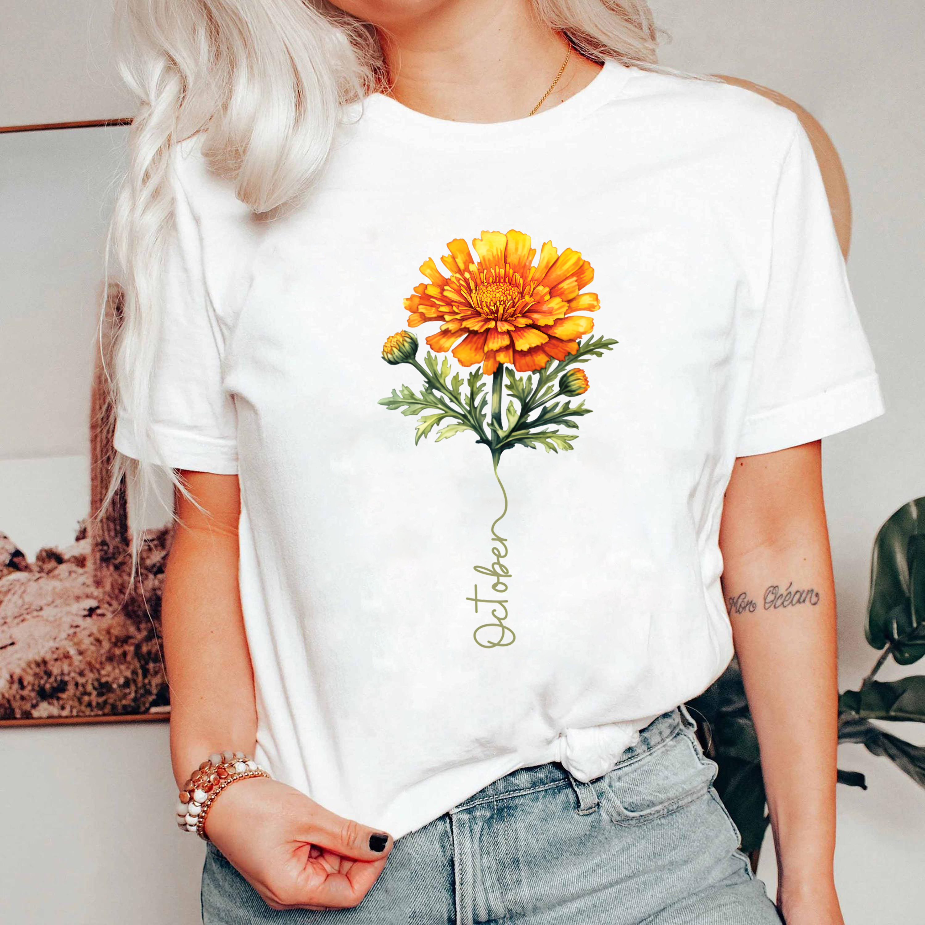October Birth Flower Shirt, Marigold Floral Tee, Birth Month Gift Shirt, Autumn Flower Shirt, Birthday Gift for Her