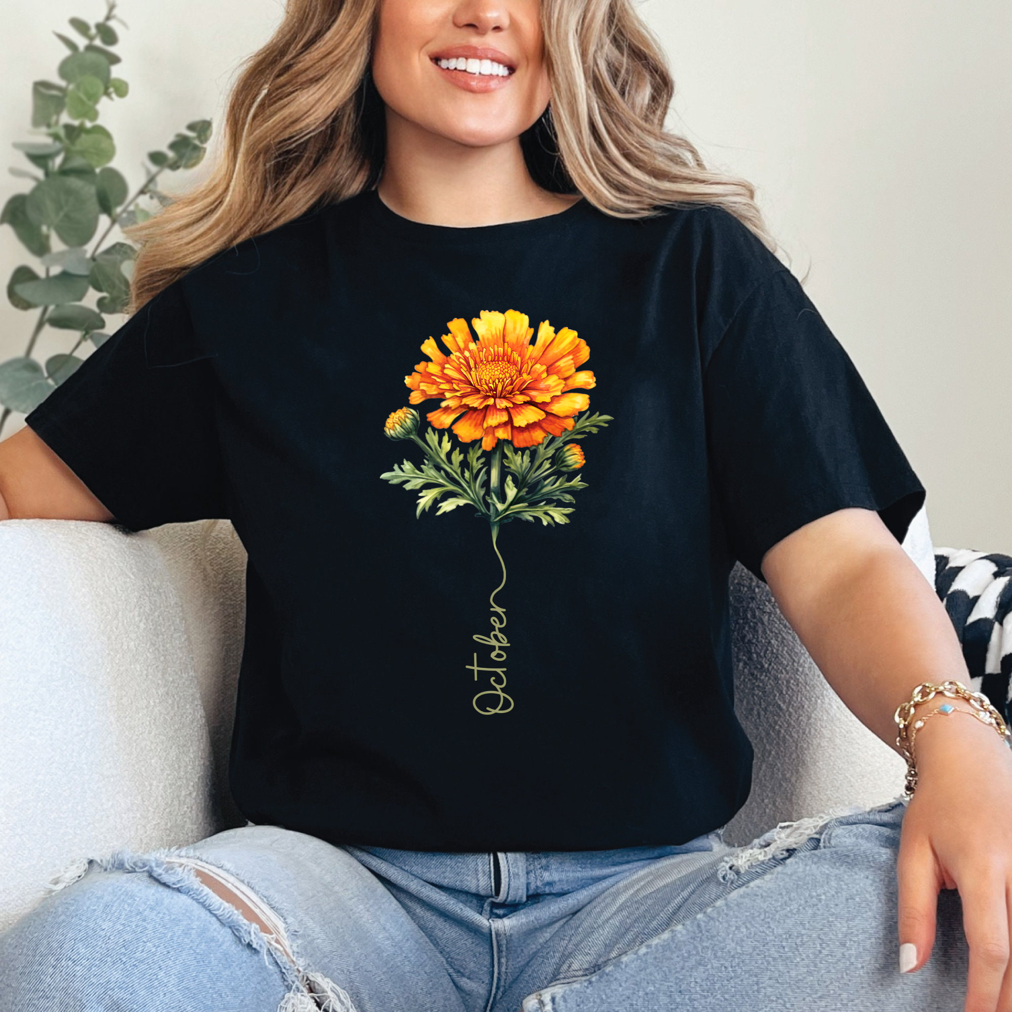 October Birth Flower Shirt, Marigold Floral Tee, Birth Month Gift Shirt, Autumn Flower Shirt, Birthday Gift for Her