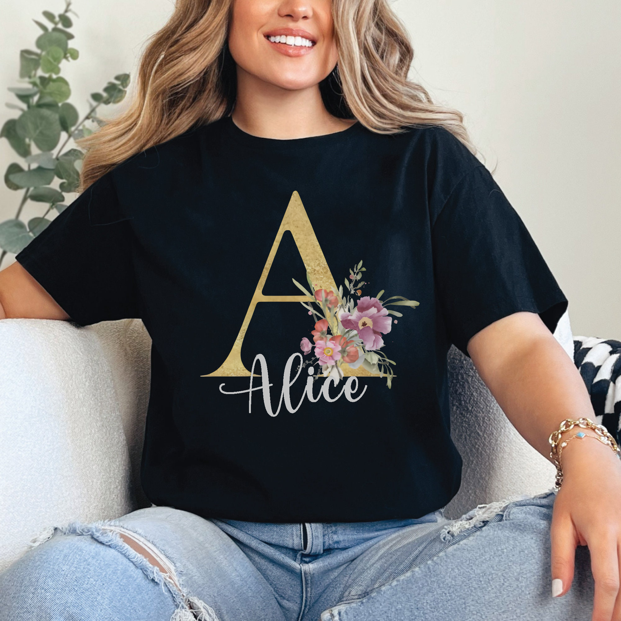 Custom Name Letter Shirt, Floral Monogram T-Shirt, Personalized Initial Shirt Gift, Custom Name Tee for Her, Aesthetic Flower Shirt
