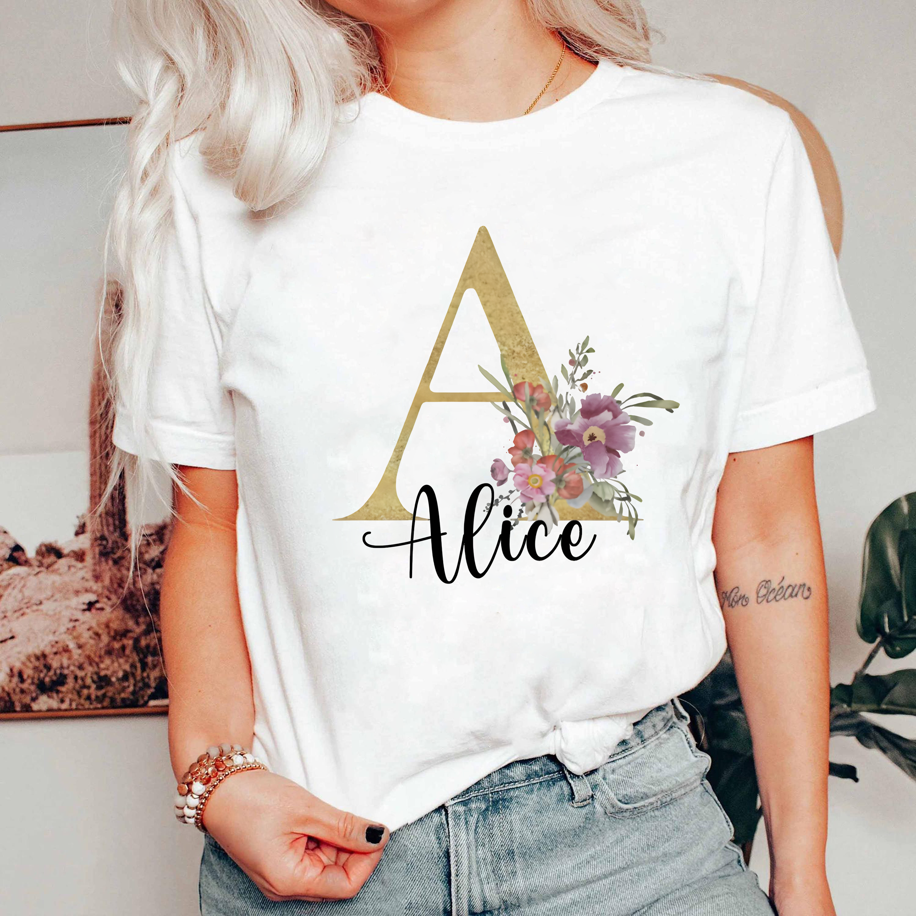 Custom Name Letter Shirt, Floral Monogram T-Shirt, Personalized Initial Shirt Gift, Custom Name Tee for Her, Aesthetic Flower Shirt